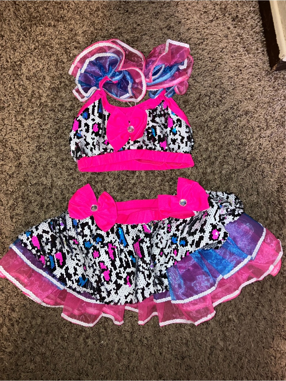 Girls Hot Pink Sequin Dance Costume Set with Tulle Skirt